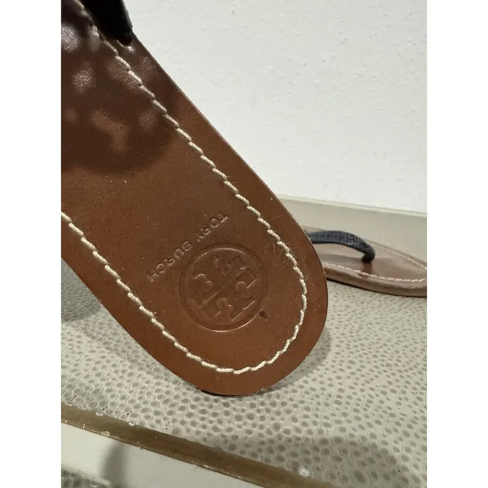 Tory Burch Women's Gabriel Veg Leather Flat Thong Perfect Blue Sz 7 M
